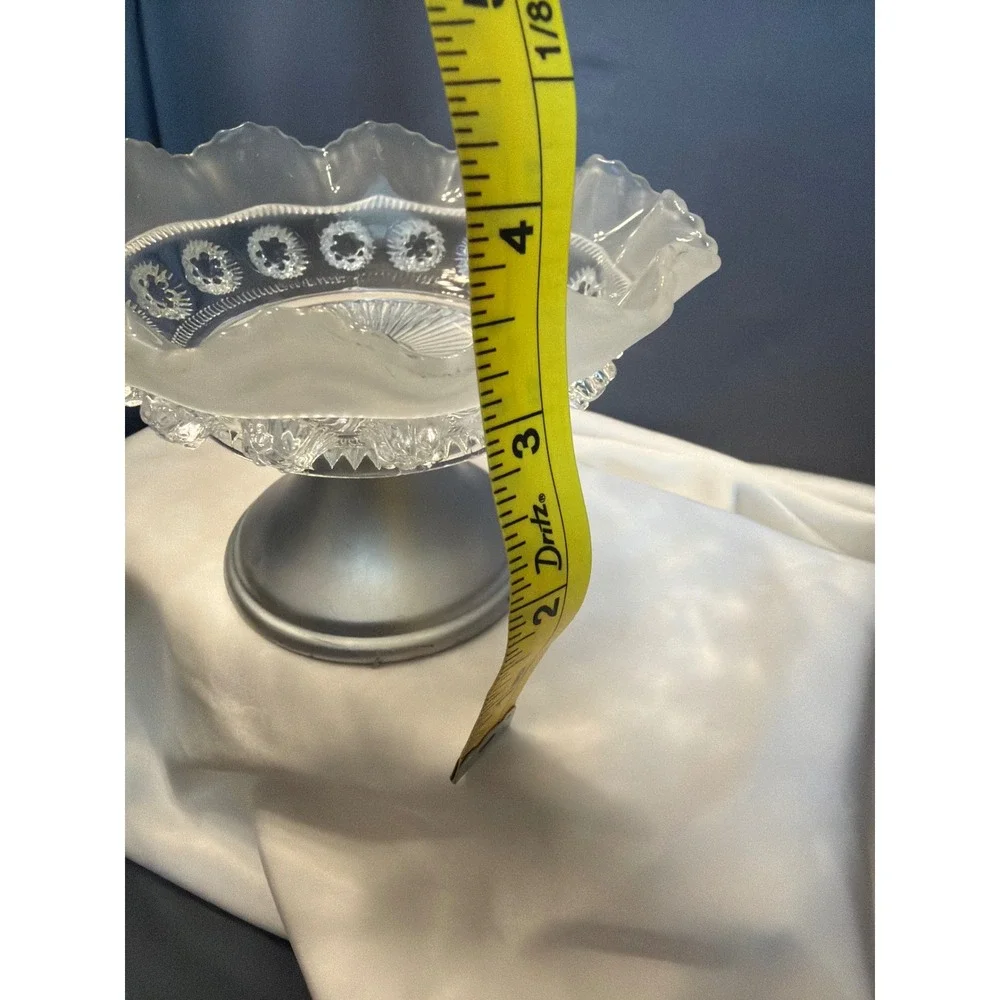 Vintage Frosted Glass Ruffled Compote Dish Silver Pedestal Base Centerpiece 5.5